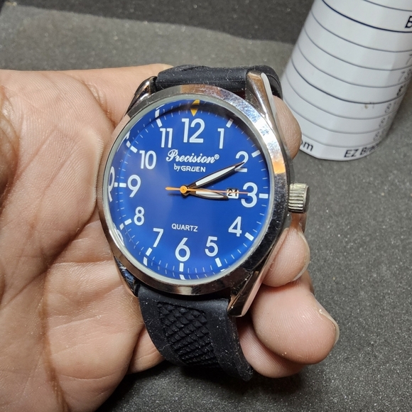 Precision By Gruen Mens Quartz Date Just Watch Working Silver Tone Blue Dial str - Picture 4 of 9